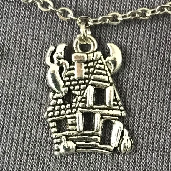 “All Hallows Eve" Handmade Silver Halloween Charm Necklace Haunted House Pumpkin - Picture 3 of 15